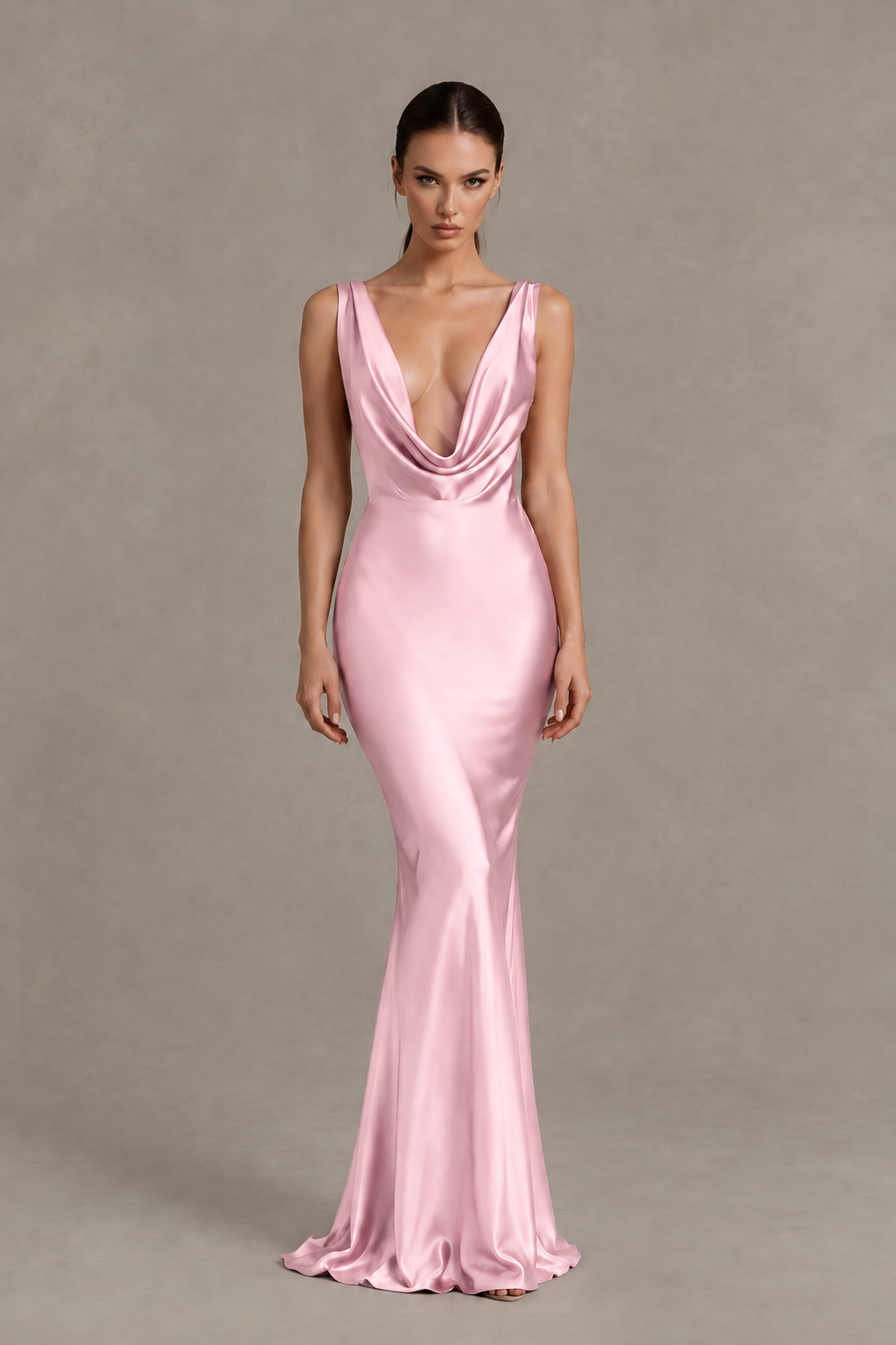 BOLODOO Pink Cowl Neck Backless Satin Mermaid Evening Dress - Pink - Pink_1