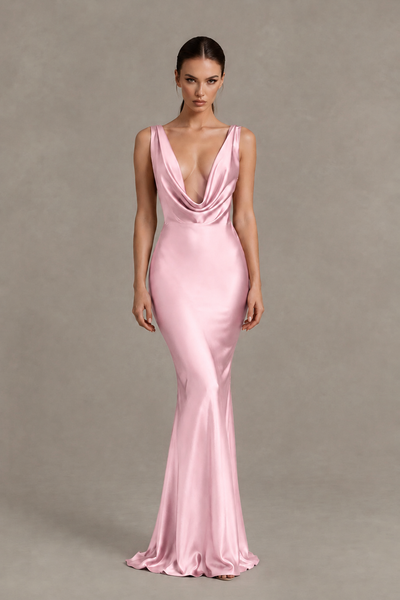 BOLODOO Pink Cowl Neck Backless Satin Mermaid Evening Dress - Pink - Pink_1