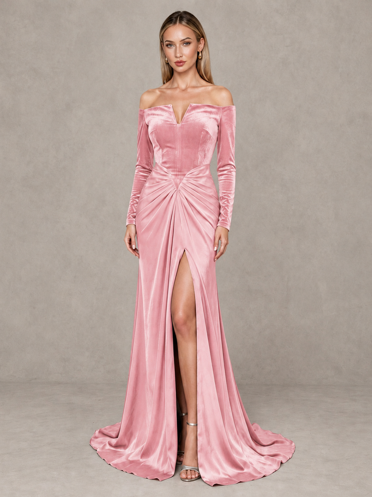 BOLODOO Pink Off-Shoulder Velvet Evening Gown with High Slit - Pink - Pink_1