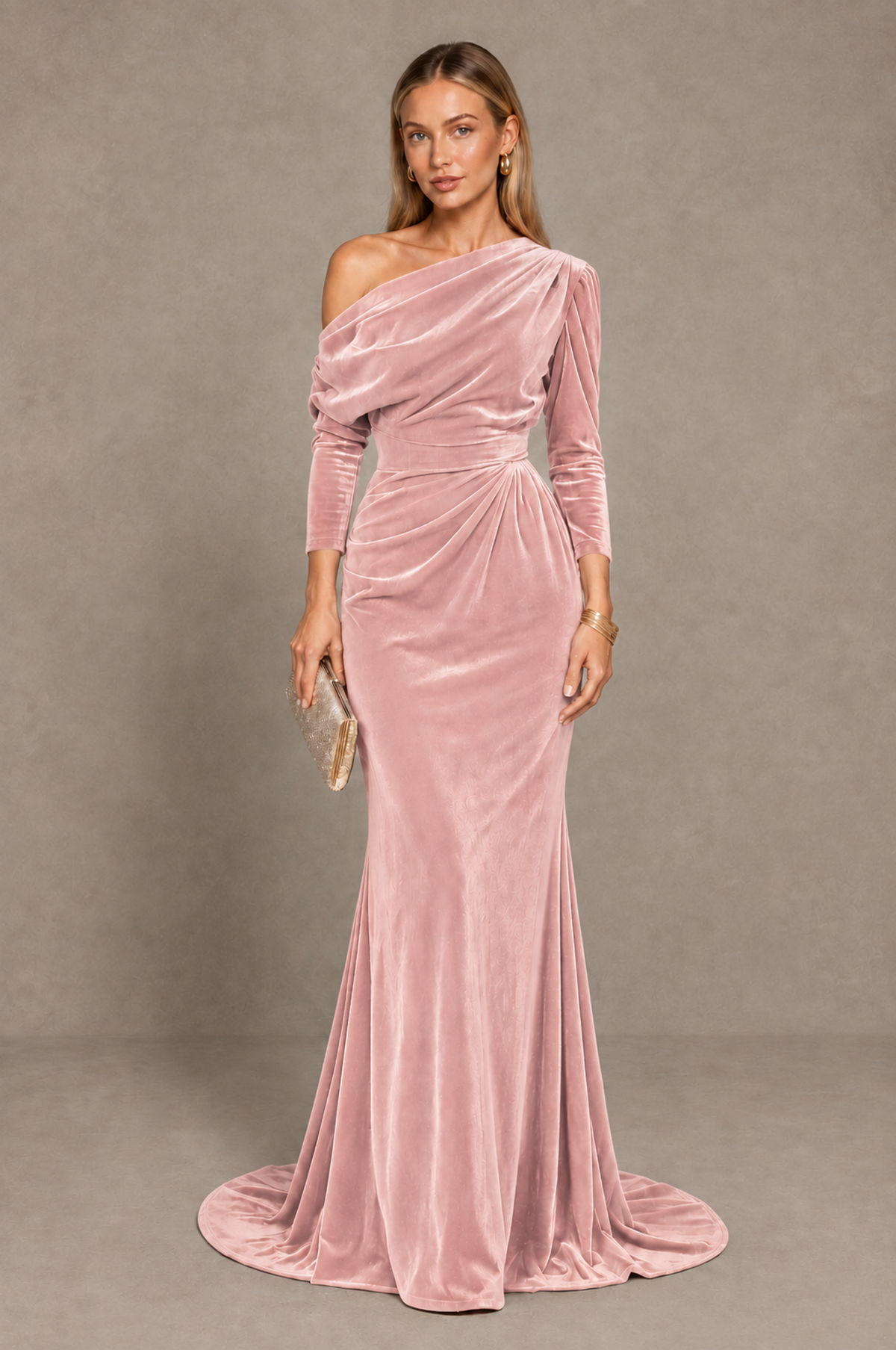 BOLODOO Pink Velvet Asymmetric Neck Mermaid Evening Dress - Pink - Pink_1