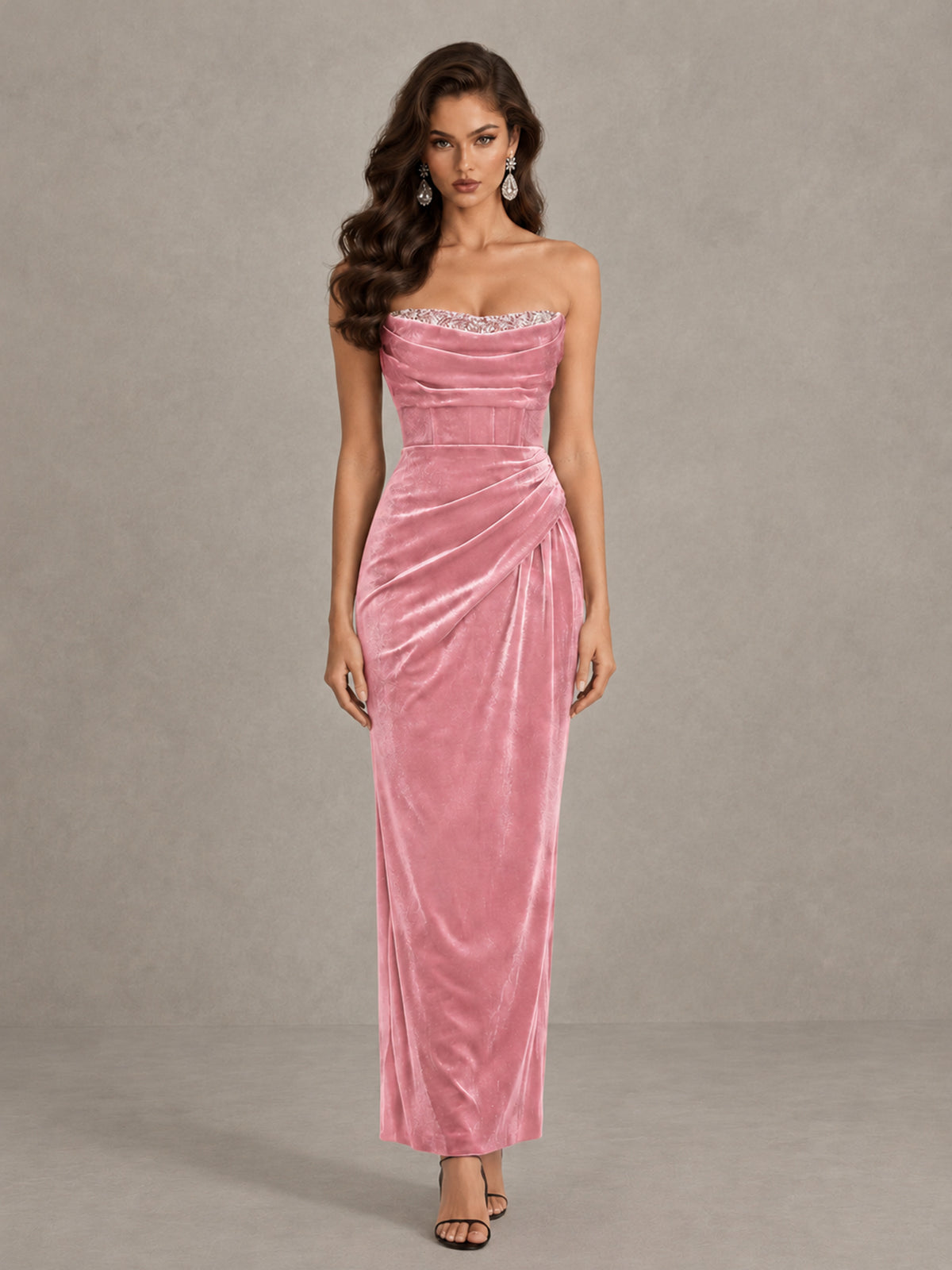 BOLODOO Pink Strapless Velvet Cocktail Maxi Dress - Pink - Pink_1