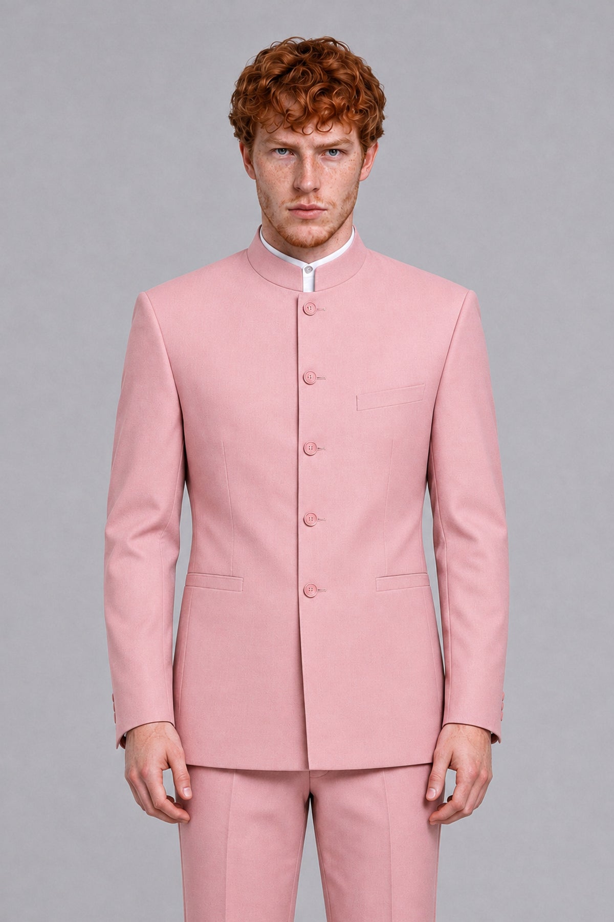 BOLODOO Men's Pink Mandarin Collar Two-Piece Suit - Pink - Pink_1