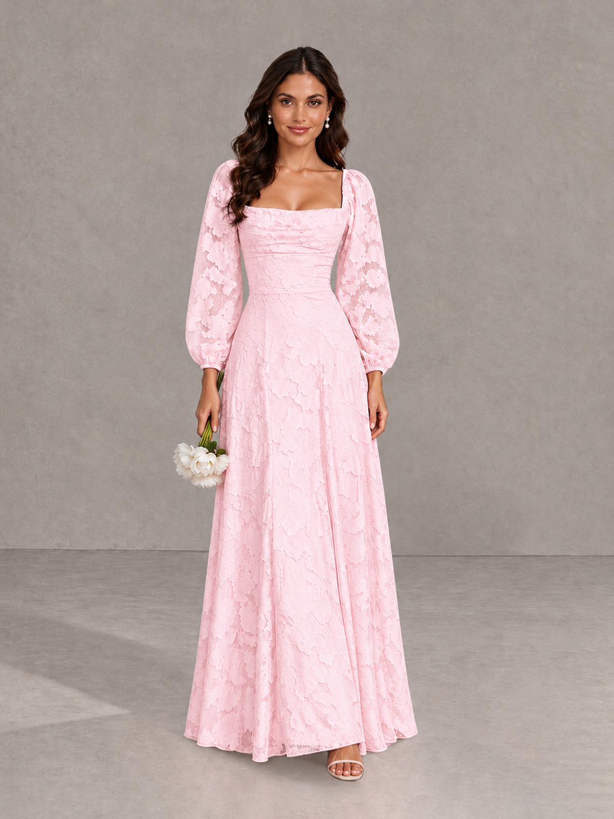 BOLODOO Pink Floral Long Sleeve A-Line Bridesmaid Dress - Pink - Pink_1