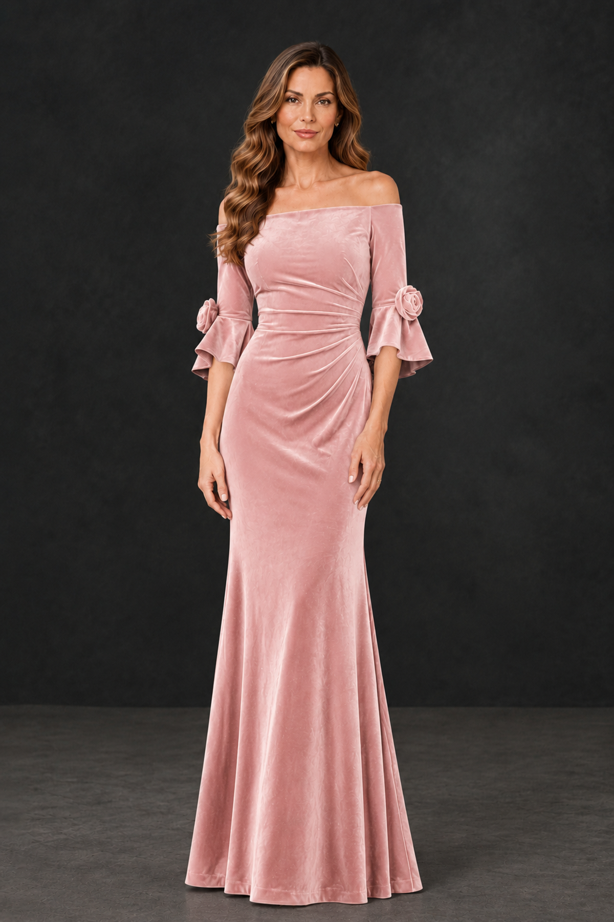 BOLODOO Pink Velvet Mother of the Bride Dress with Rosette Sleeves - Pink - Pink_1