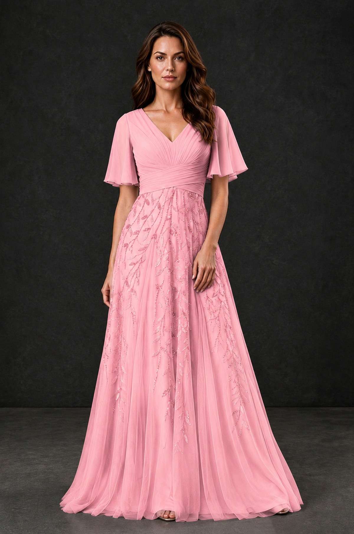 BOLODOO Pink V-Neck Flutter Sleeve Beaded Botanical Tulle A-Line Gown | Mother of the Bride Evening Dress - Pink - Pink_1