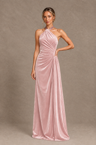 BOLODOO Pink Velvet Halter Open-Back Ruched Evening Dress - Pink - Pink_1