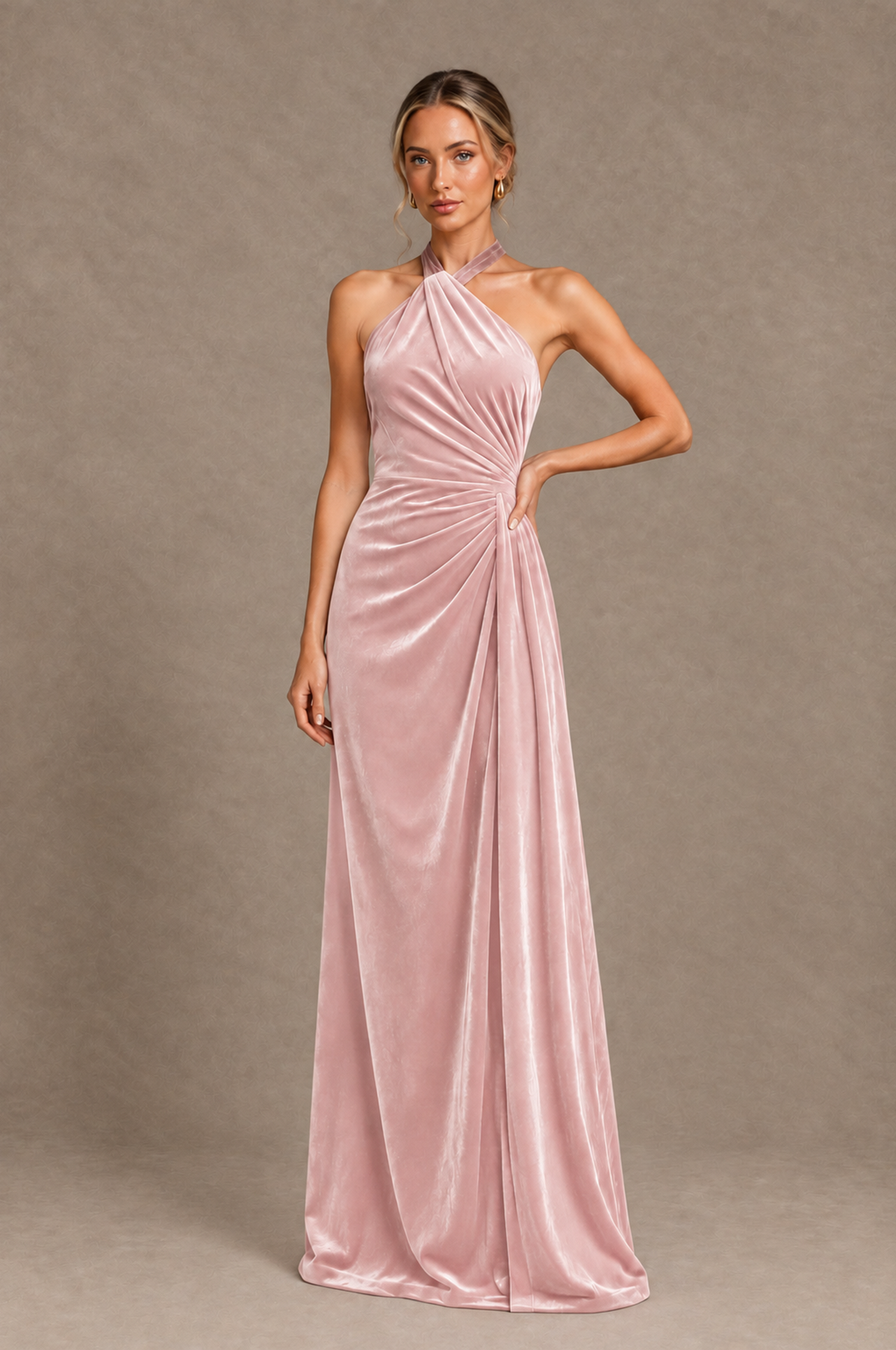 BOLODOO Pink Velvet Halter Open-Back Ruched Evening Dress - Pink - Pink_1