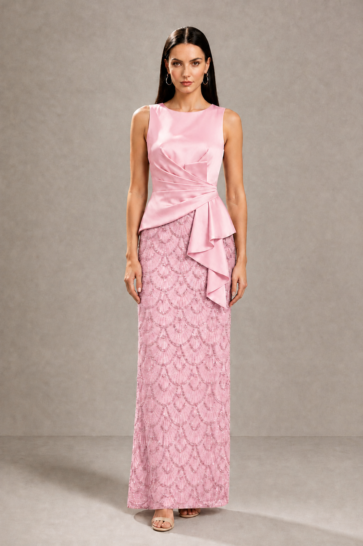 BOLODOO Pink Sleeveless Satin & Lace Peplum Evening Dress - Pink - Pink_1