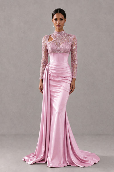 BOLODOO Pink Long Sleeve Embellished Satin Mermaid Evening Gown - Pink - Pink_1