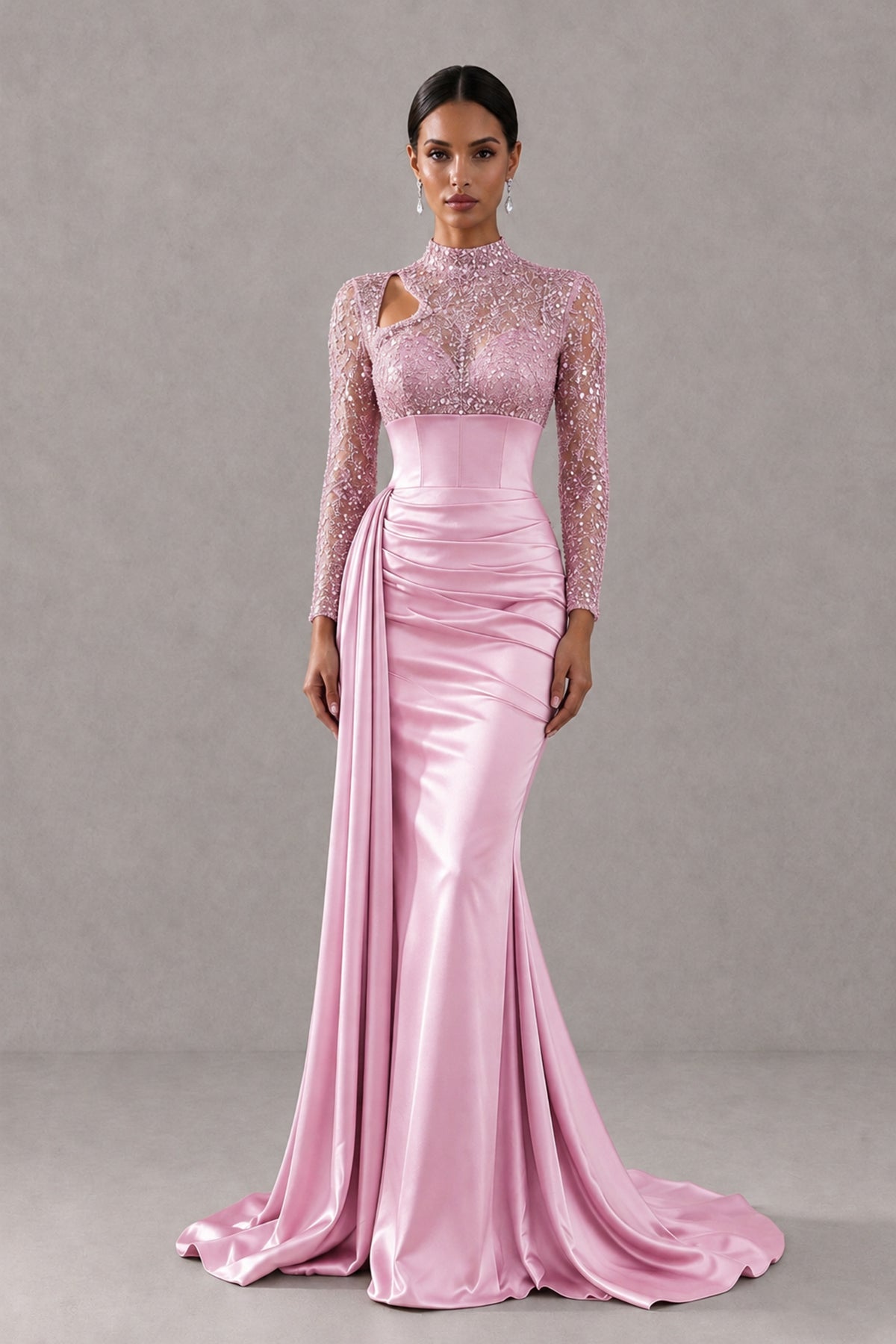 BOLODOO Pink Long Sleeve Embellished Satin Mermaid Evening Gown - Pink - Pink_1