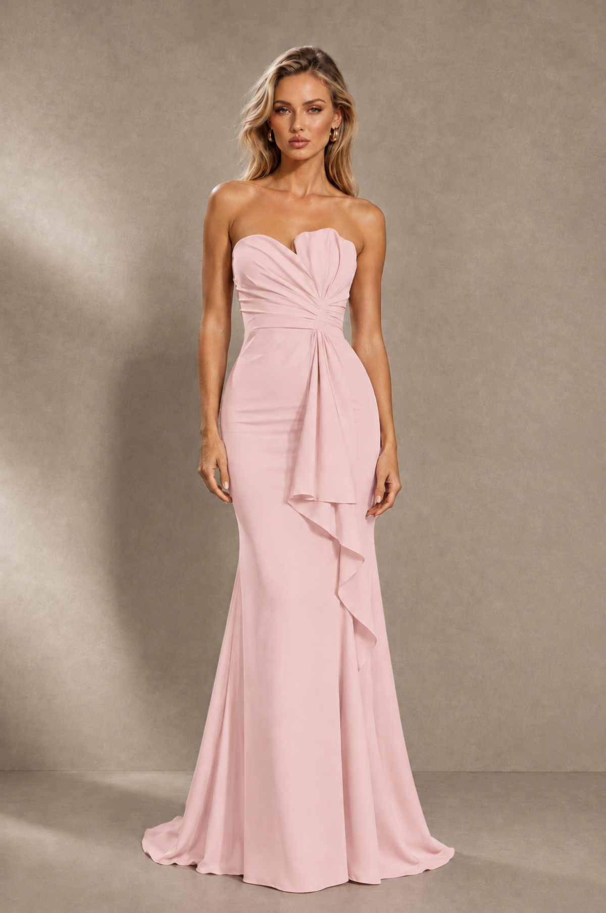 BOLODOO Pink Strapless Sweetheart Ruched Mermaid Gown | Cascade Drape Formal Evening Dress - Pink - Pink_1
