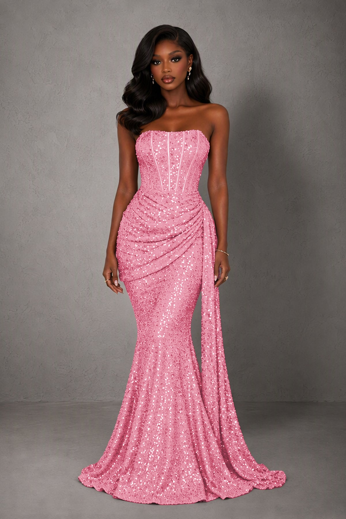 BOLODOO Pink Sequin Strapless Corset Mermaid Evening Gown with Train - Pink