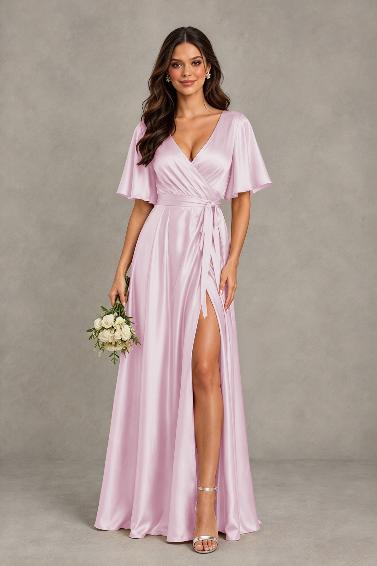 BOLODOO Pink Satin V-Neck Flutter Sleeve Bridesmaid Dress with Slit - Pink - Pink(1)