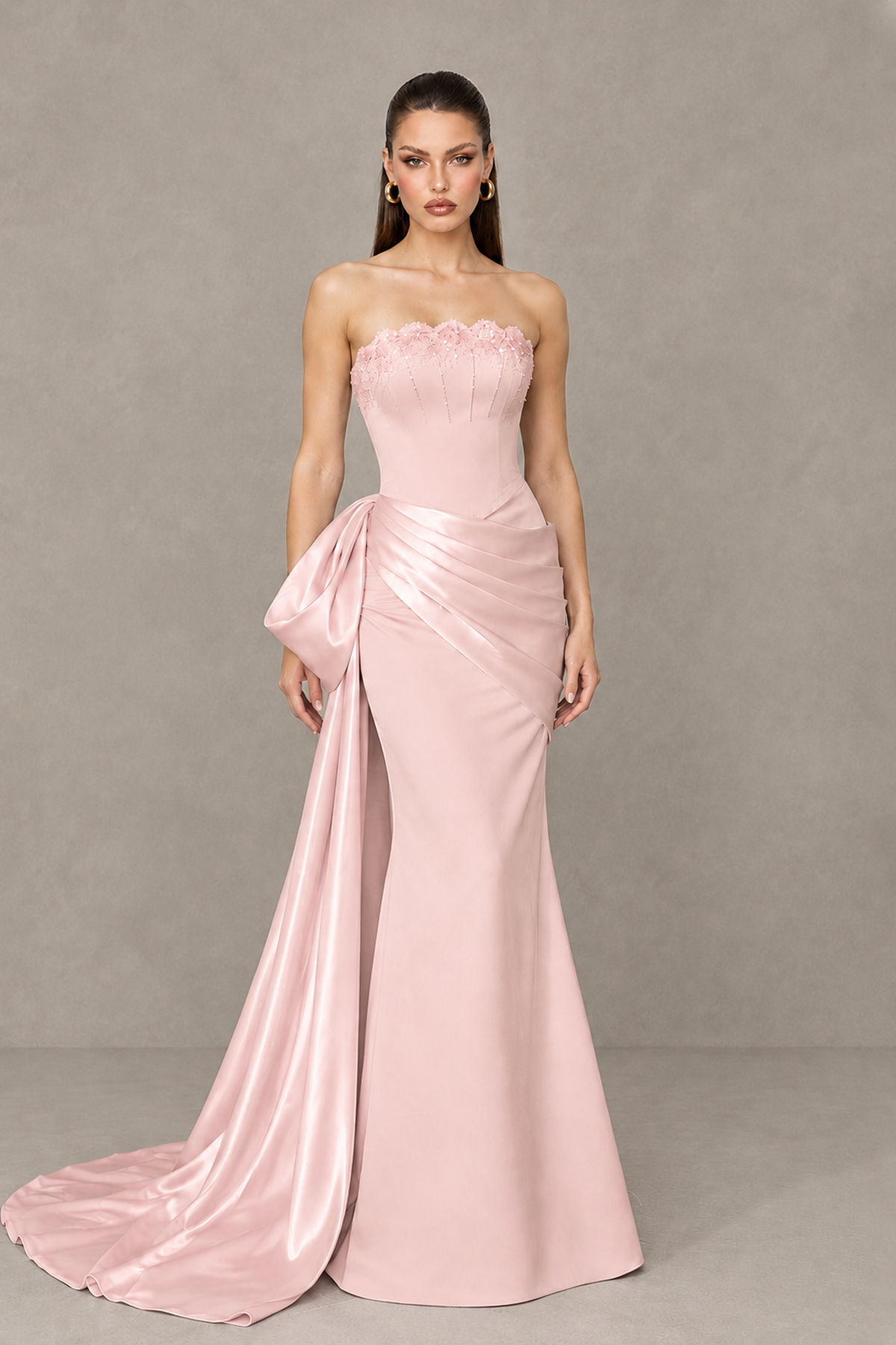 BOLODOO Pink Strapless Satin Prom Dress with Draped Side Train - Pink - Pink_1