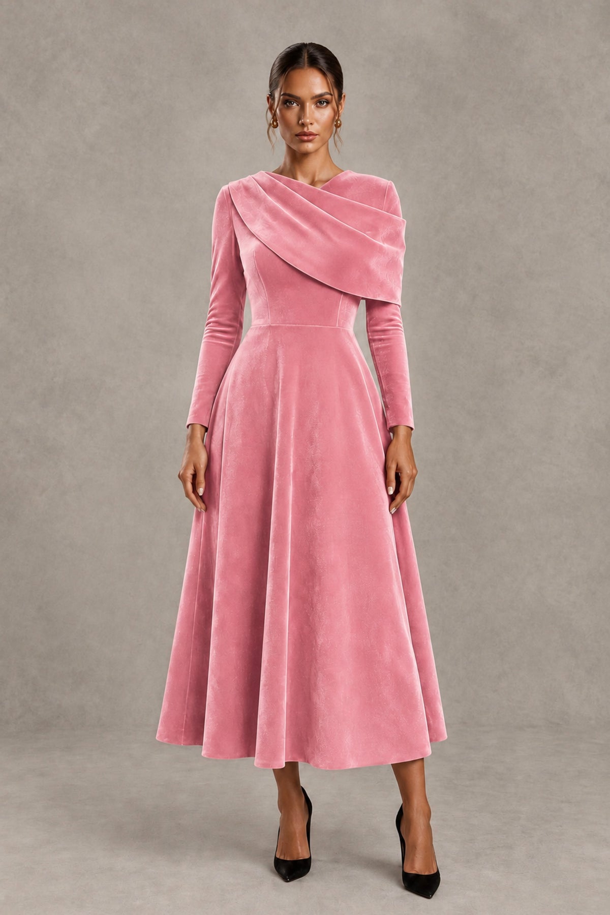 BOLODOO Pink Velvet-Look Long Sleeve Tea-Length A-Line Dress with Draped Neckline - Pink - Pink_1