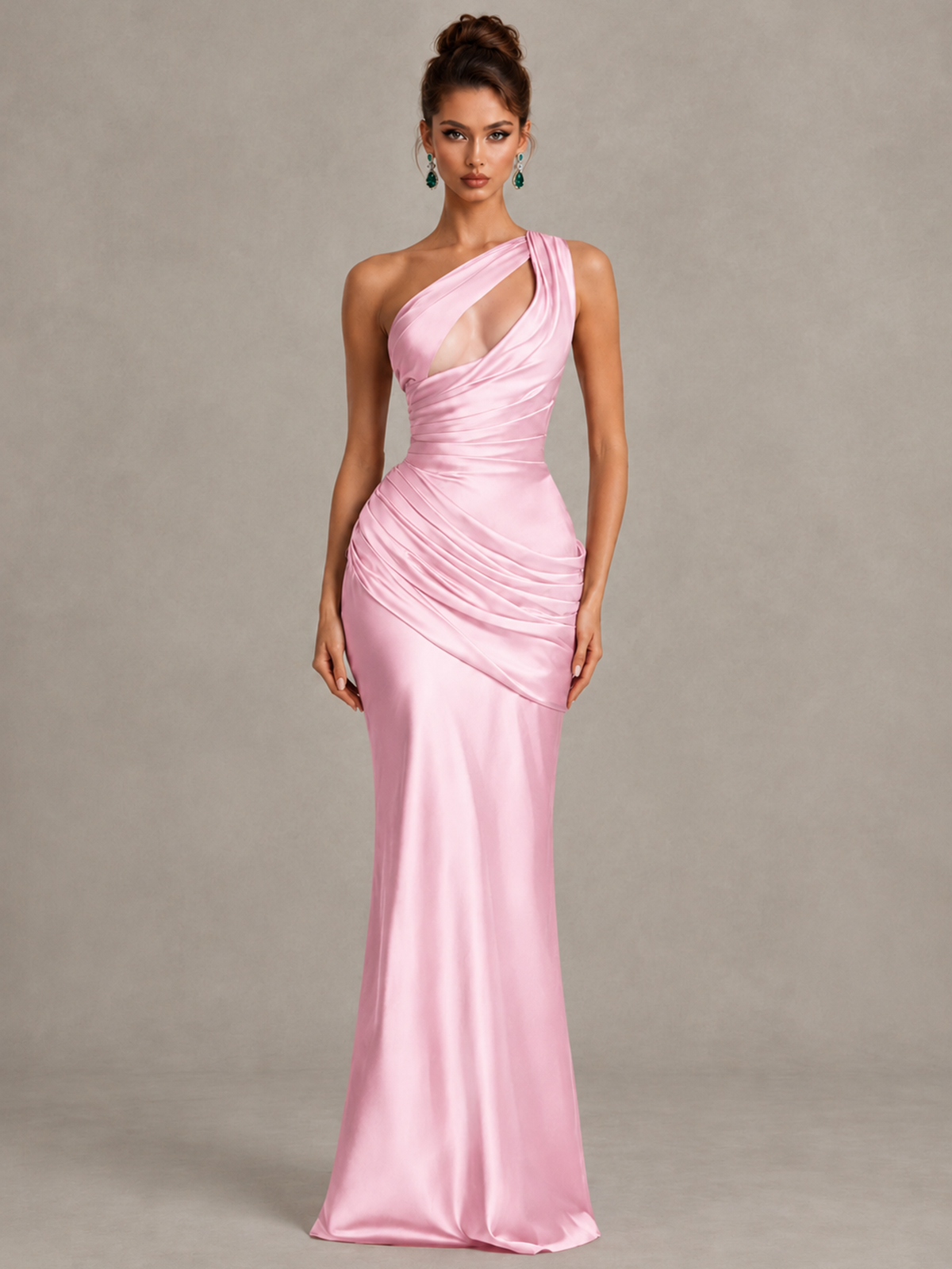 BOLODOO Pink One-Shoulder Cutout Satin Mermaid Prom Dress - Pink - Pink_1