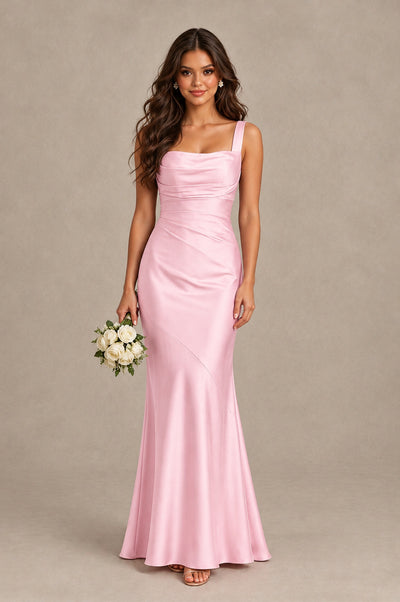 BOLODOO Pink Square Neck Ruched Satin Lace-Up Bridesmaid Dress - Pink - Pink_1