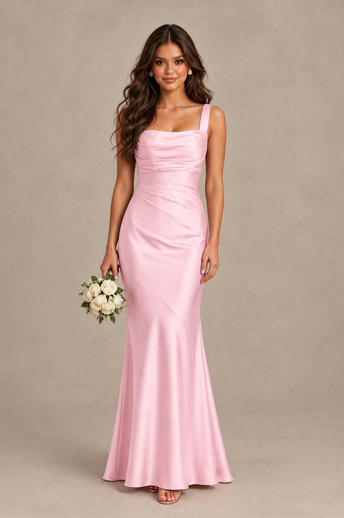BOLODOO Pink Square Neck Ruched Satin Lace-Up Bridesmaid Dress - Pink - Pink_1