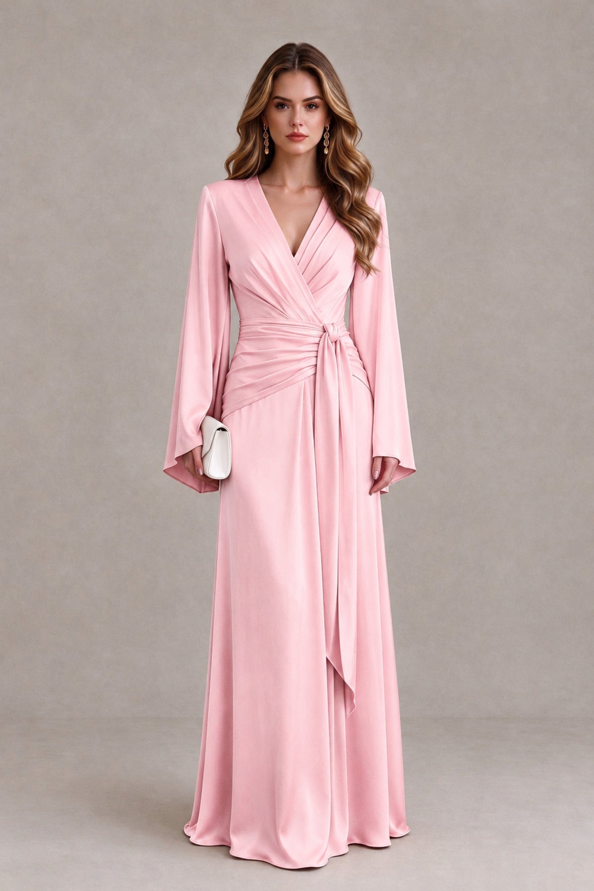 BOLODOO Pink Yellow Satin-Look V-Neck Long Bell Sleeve Evening Dress - Pink - Pink_1