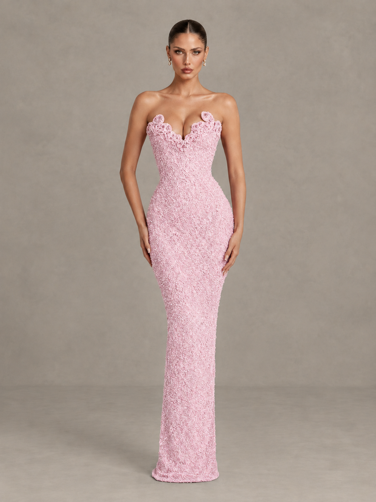 BOLODOO Pink Strapless Sequin Evening Gown with Floral Neckline - Pink - Pink_1