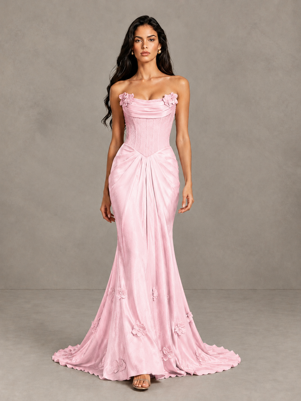 BOLODOO Pink Strapless Floral Corset Evening Gown with Train - Pink - Pink_1