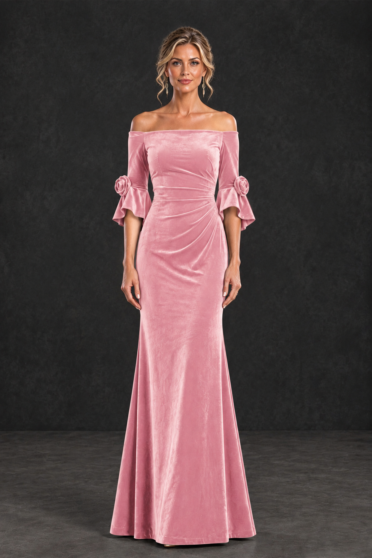 BOLODOO Pink Velvet Off-Shoulder Mother of the Bride Dress – 3/4 Floral Cuff Sleeve Mermaid Evening Gown - Pink - Pink_1