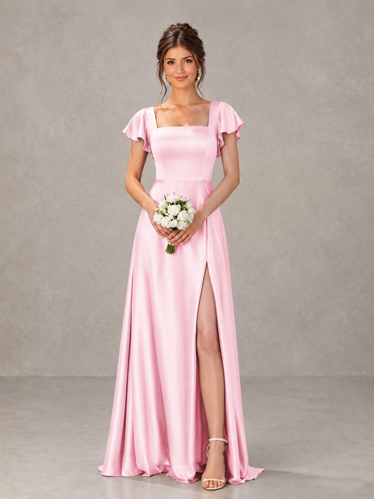 BOLODOO Pink Satin Square Neck Flutter Sleeve A-Line Bridesmaid Dress with Slit - Pink - Pink_1