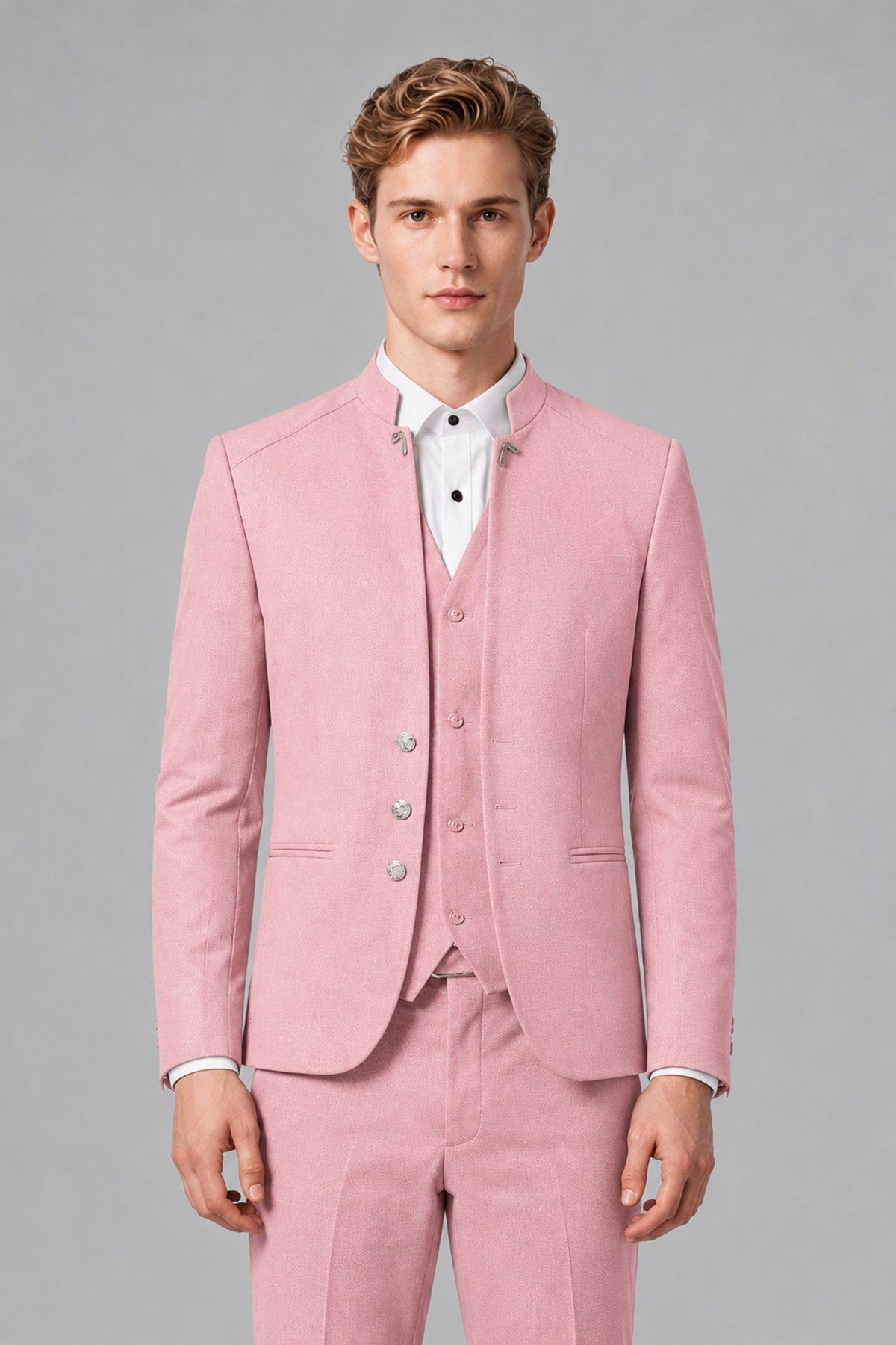 Bolodoo Men's Pink Mandarin Collar 3-Piece Suit – Jacket, Vest & Trousers - Pink - Pink_1