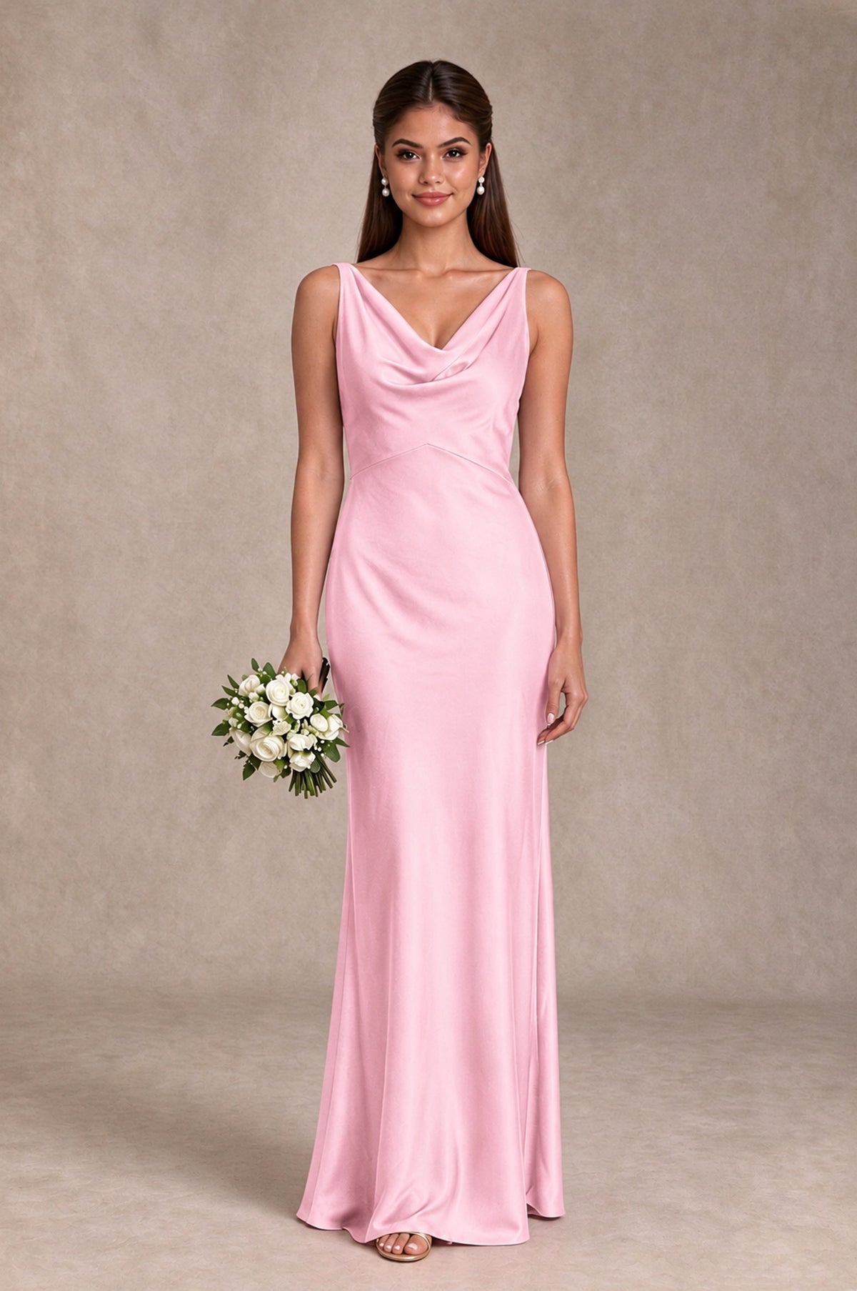 BOLODOO Pink Cowl Neck Open Back Satin Bridesmaid Dress - Pink - Pink_1