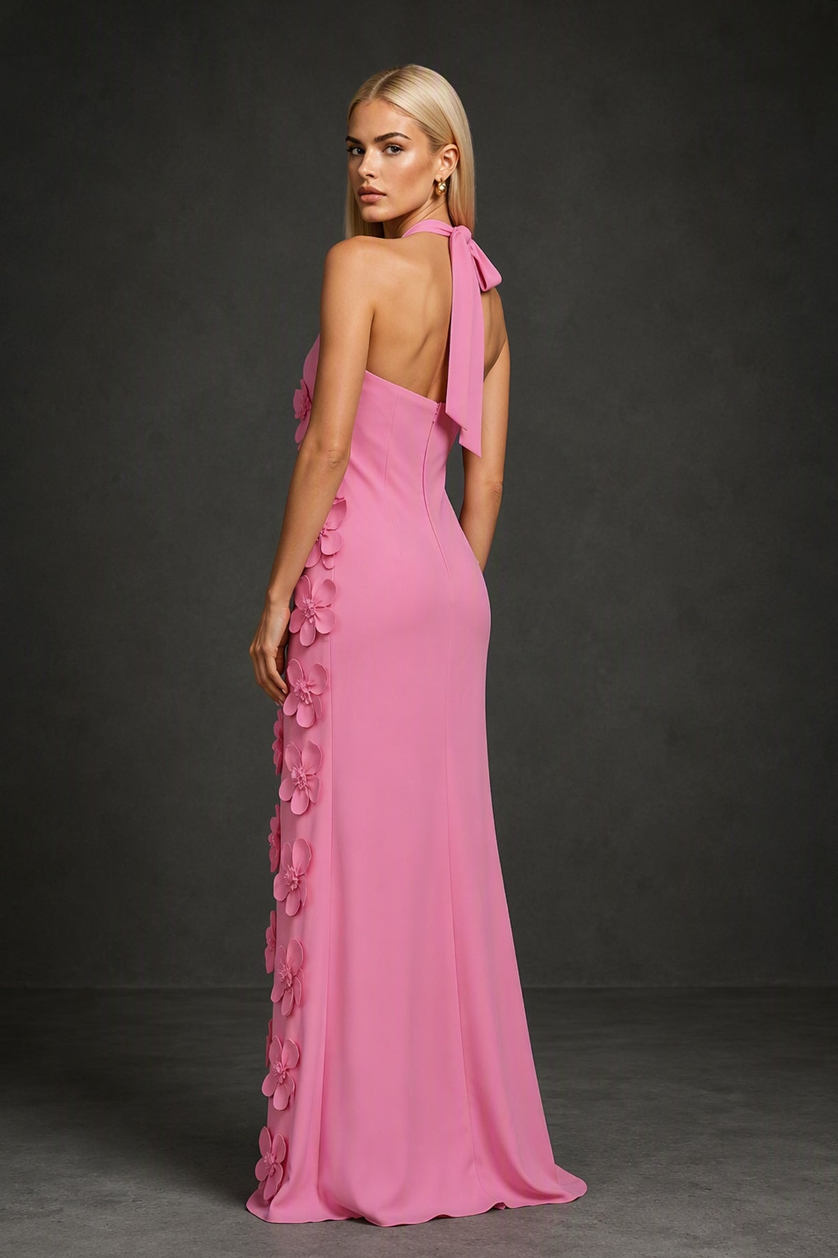 BOLODOO Pink Cross Halter Neck 3D Floral Appliqué Backless Mermaid Maxi Gown - Pink