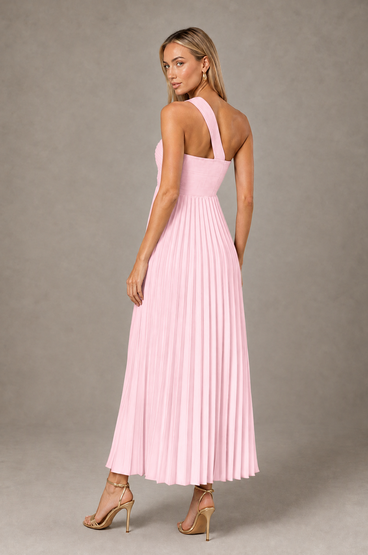 BOLODOO Pink One-Shoulder Twist Knot Pleated Satin Midi Dress with Cutout - Pink - Pink_2