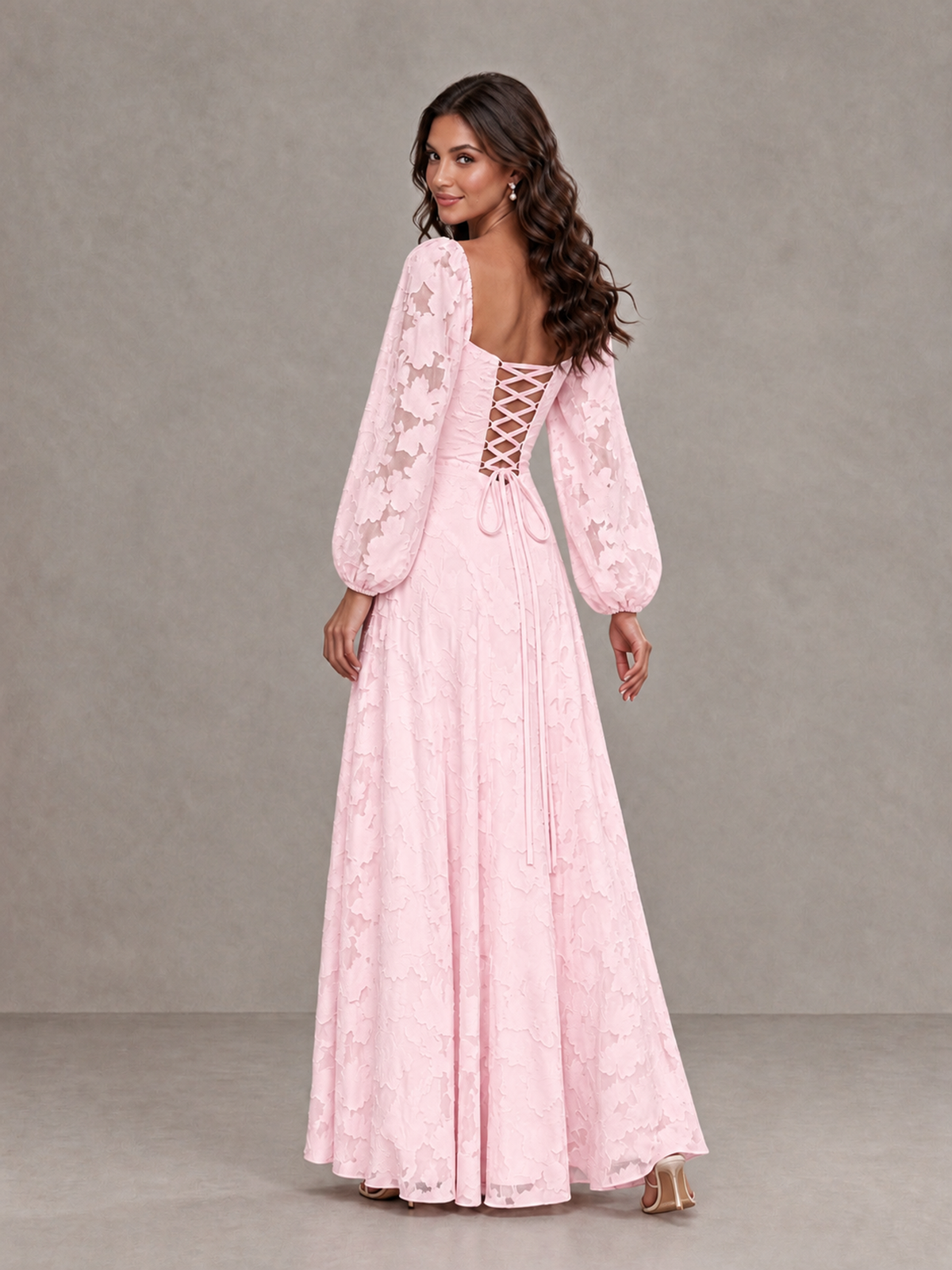 BOLODOO Pink Floral Long Sleeve A-Line Bridesmaid Dress - Pink - Pink_2
