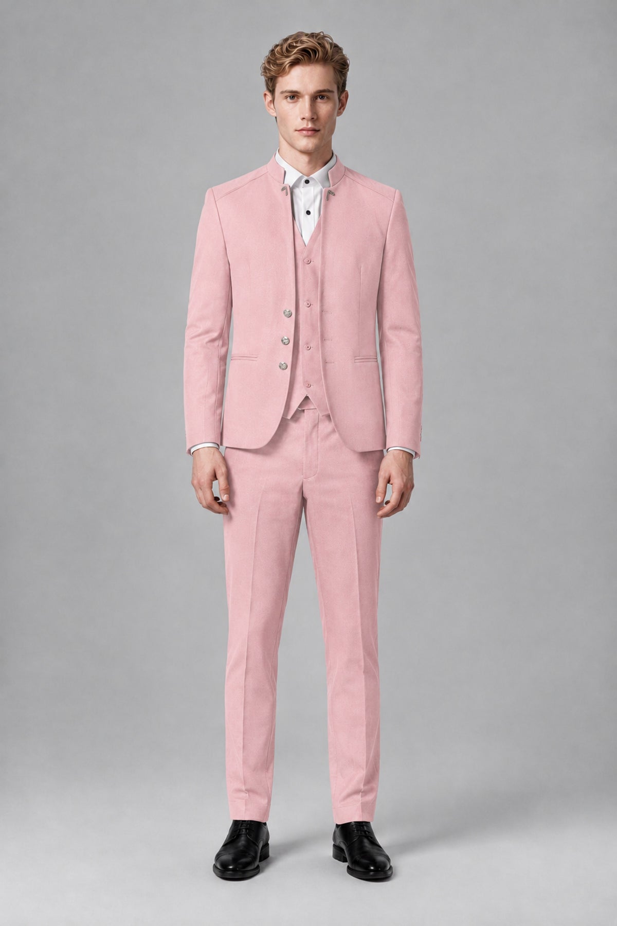 Bolodoo Men's Pink Mandarin Collar 3-Piece Suit – Jacket, Vest & Trousers - Pink - Pink_2