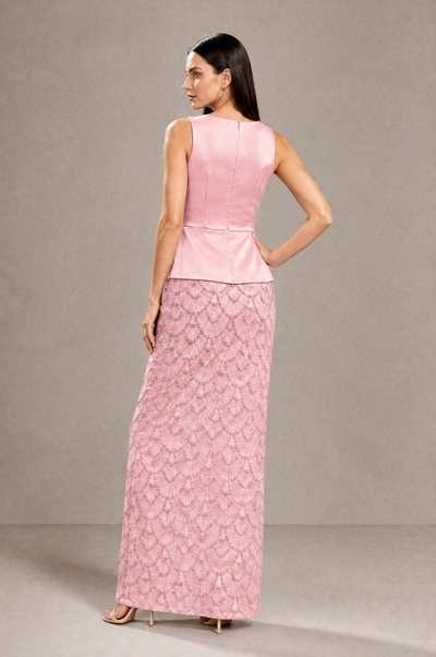 BOLODOO Pink Sleeveless Satin & Lace Peplum Evening Dress - Pink - Pink_2