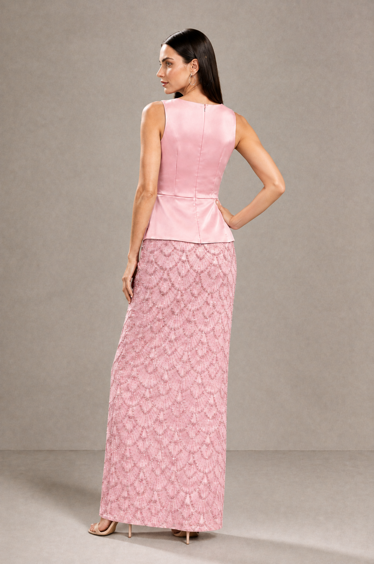 BOLODOO Pink Sleeveless Satin & Lace Peplum Evening Dress - Pink - Pink_2