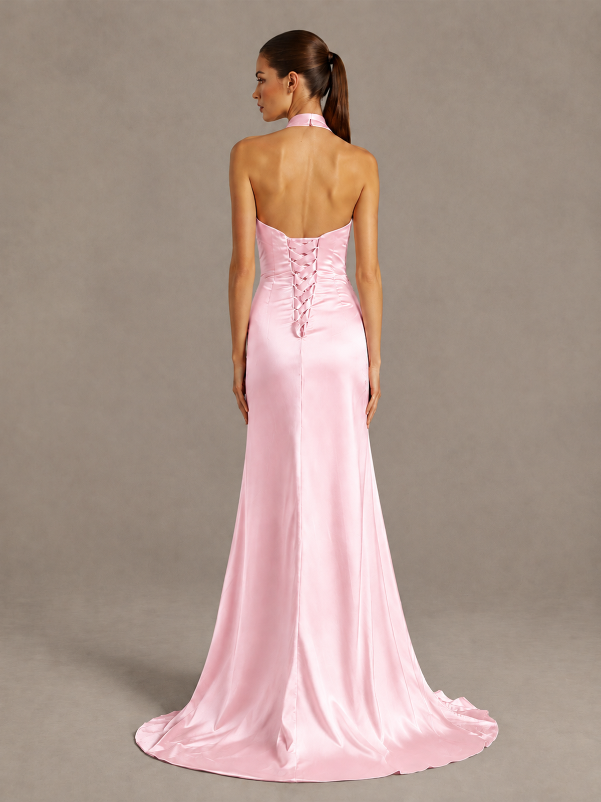 BOLODOO Pink Halter Satin Evening & Prom Dress with High Slit - Pink - Pink_2