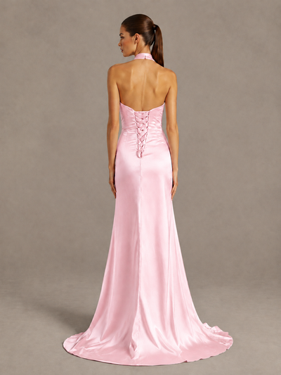 BOLODOO Pink Halter Satin Evening & Prom Dress with High Slit - Pink - Pink_2