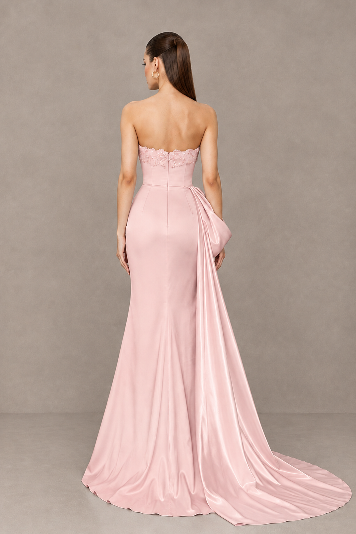 BOLODOO Pink Strapless Satin Prom Dress with Draped Side Train - Pink - Pink_2