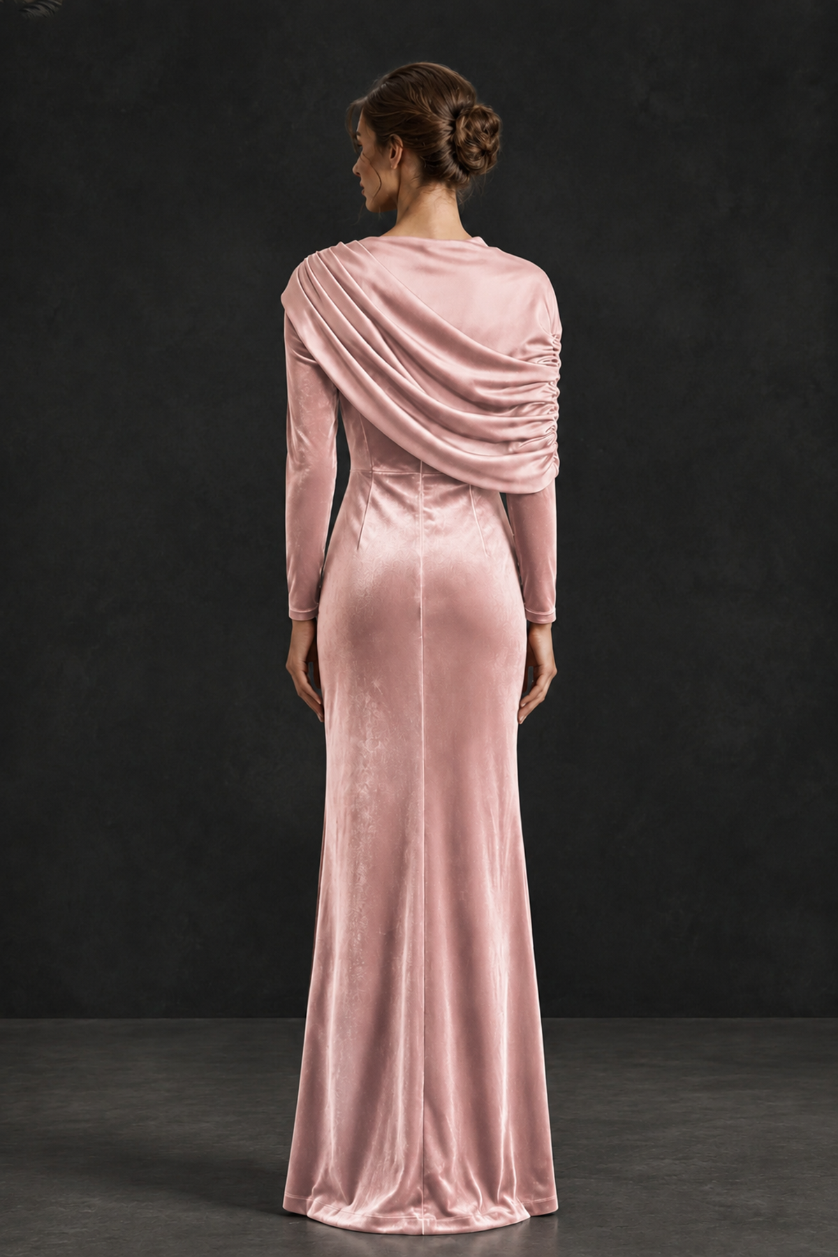 BOLODOO Pink Velvet Long Sleeve Draped Mother of the Bride Dress - Pink - Pink_2