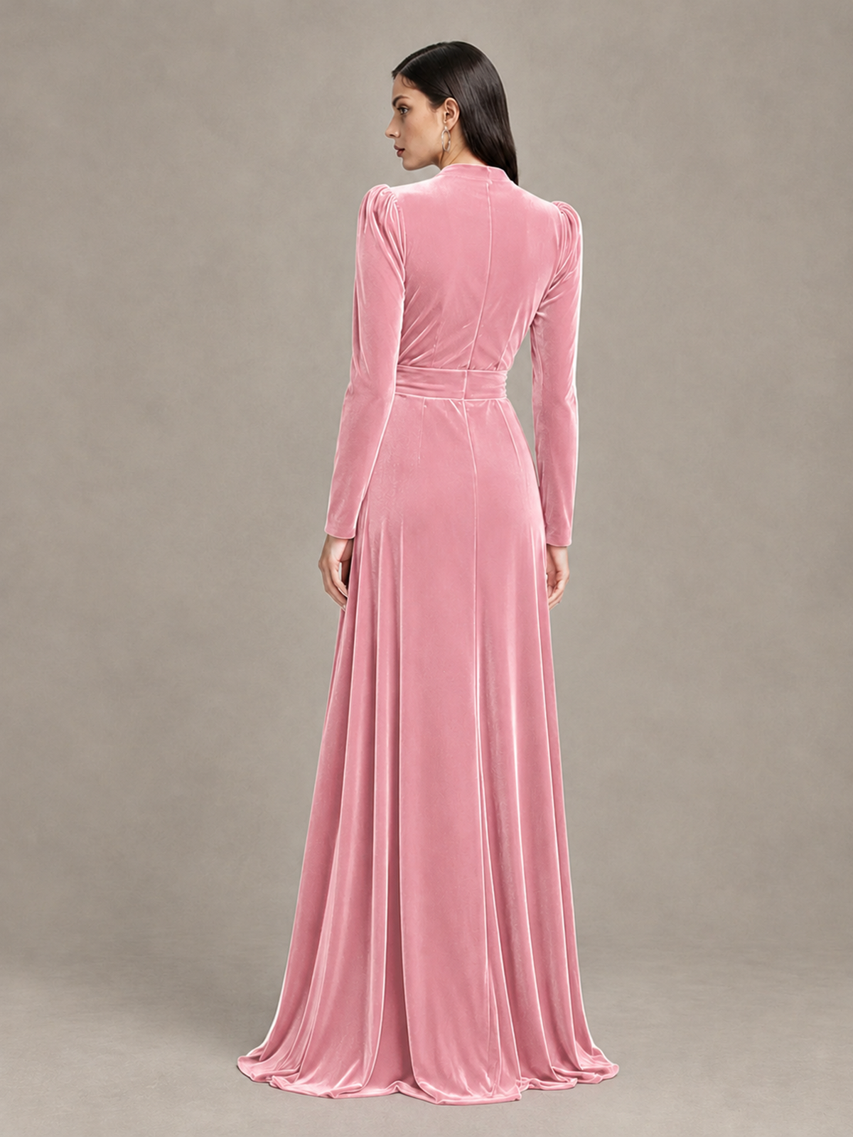 BOLODOO Pink Long Sleeve Velvet-Look Evening Dress with High Slit - Pink - Pink_2