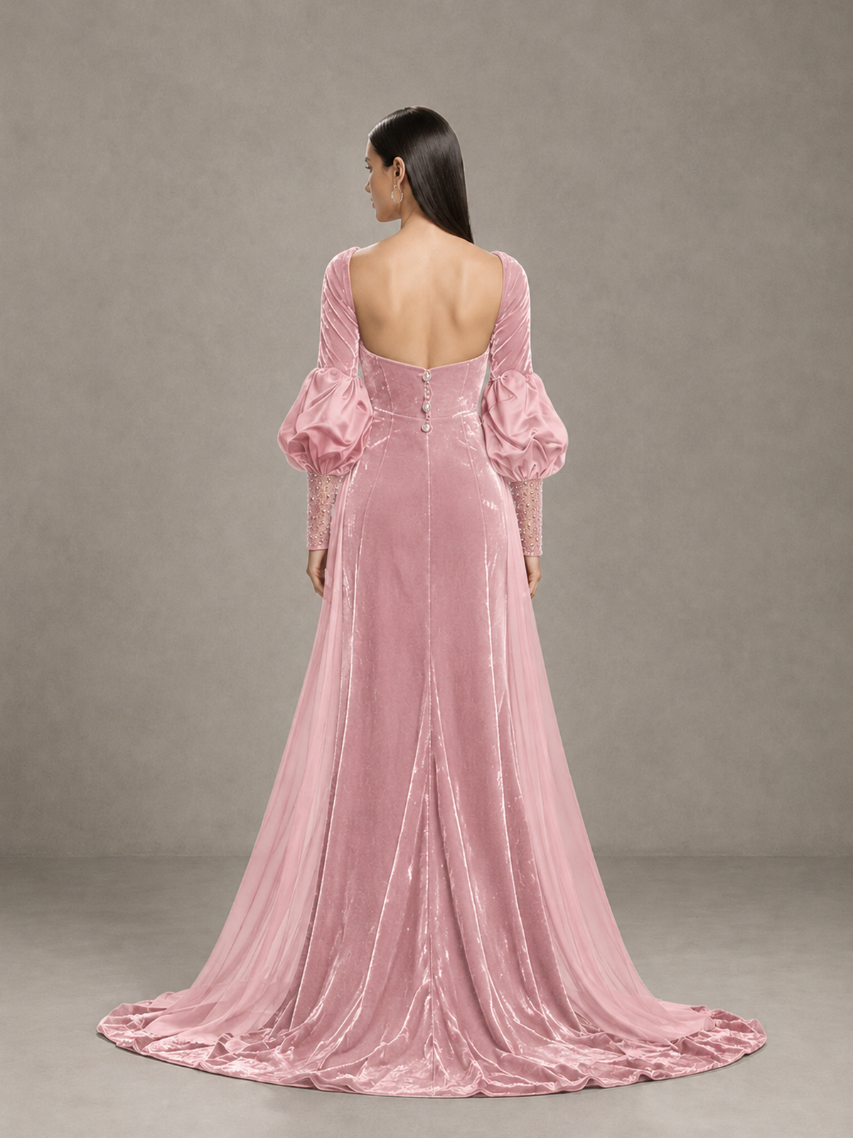 BOLODOO Pink Velvet Long Sleeve Open-Back Evening Gown - Pink - Pink_2