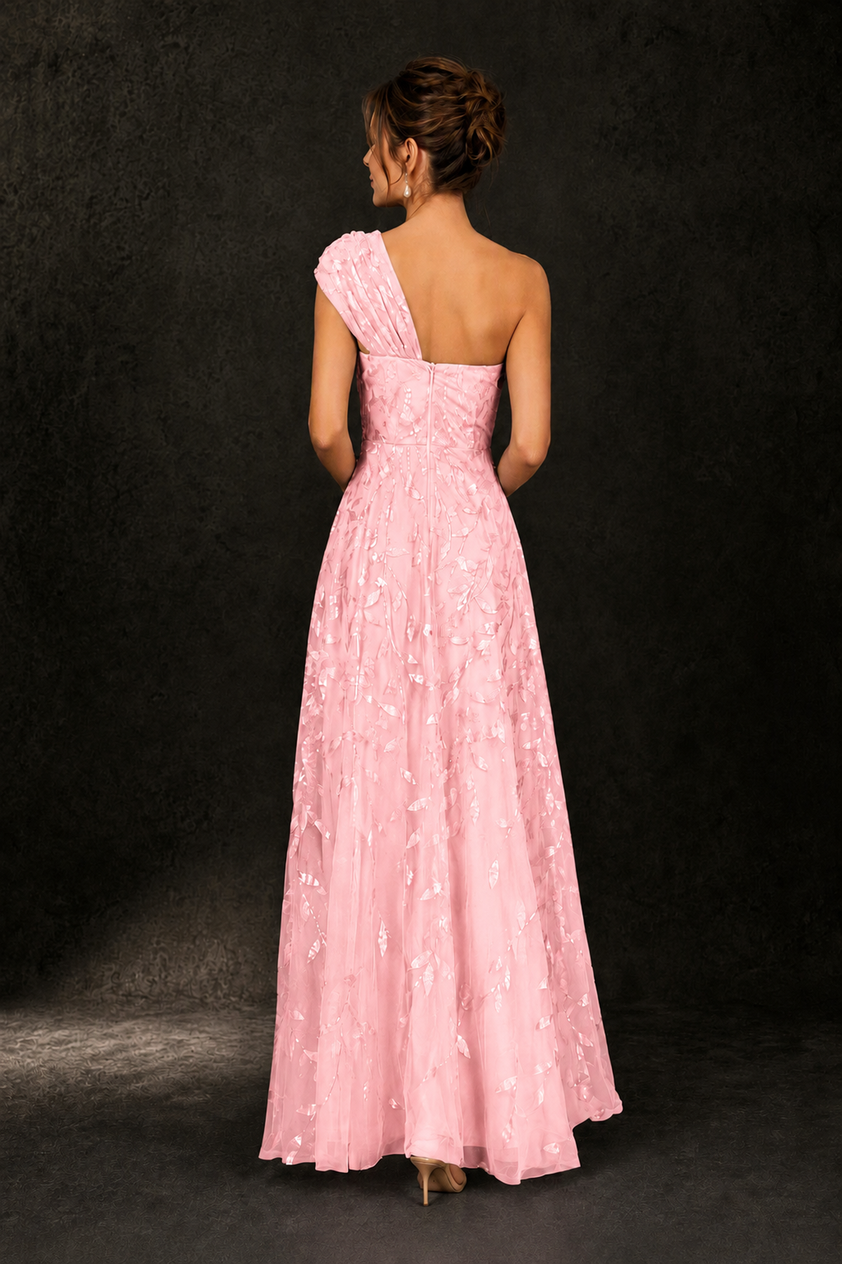 BOLODOO Pink Leaf Sequin One-Shoulder A-Line Maxi Gown – Mother of the Bride & Formal Evening Dress - Pink - Pink_2