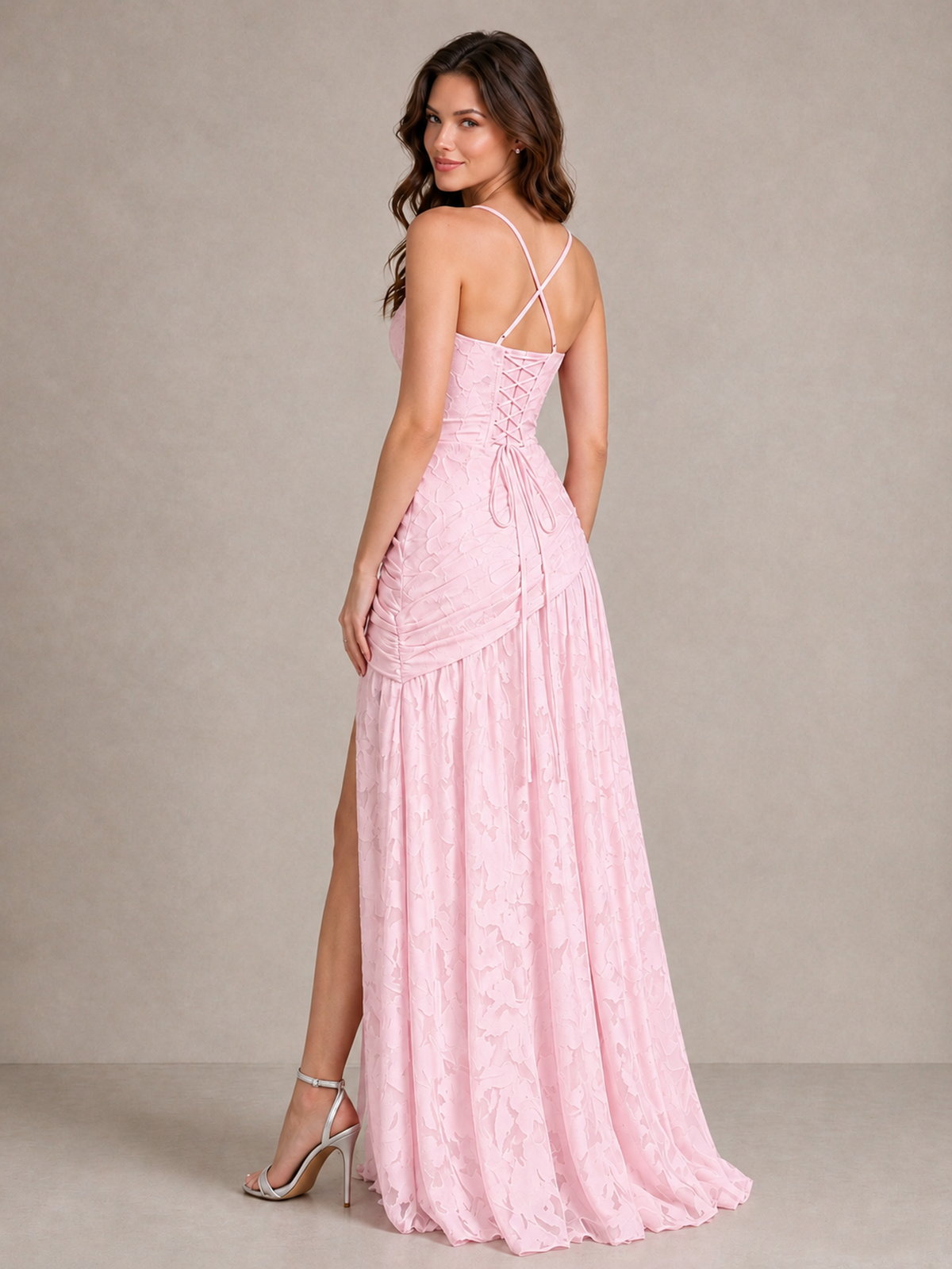 BOLODOO Pink Floral Jacquard Bridesmaid Dress with Square Neck, Lace-Up Back & High Slit - Pink - Pink_2