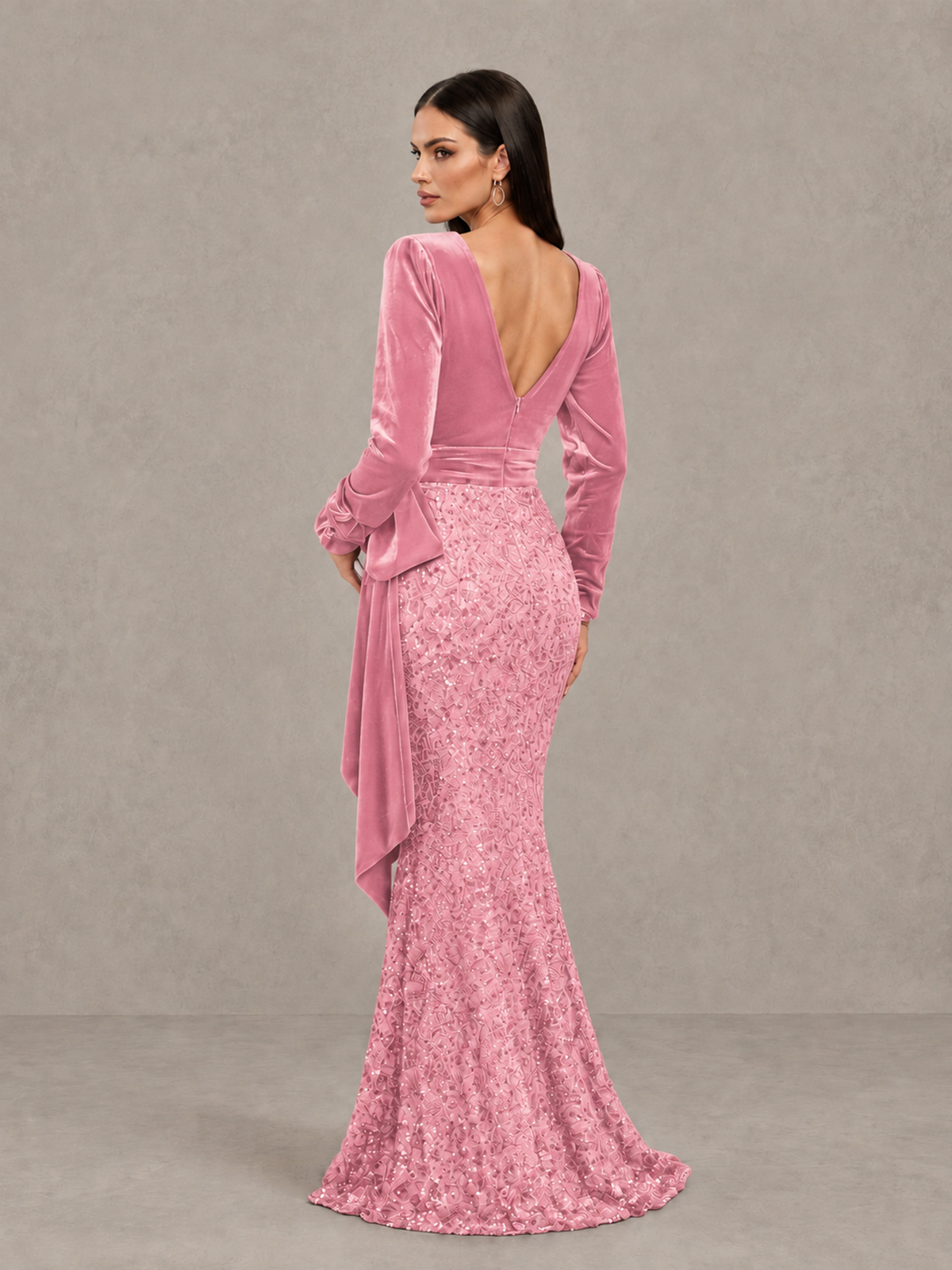 BOLODOO Pink Velvet & Sequin Long Sleeve V-Neck Mermaid Evening Gown - Pink - Pink_2