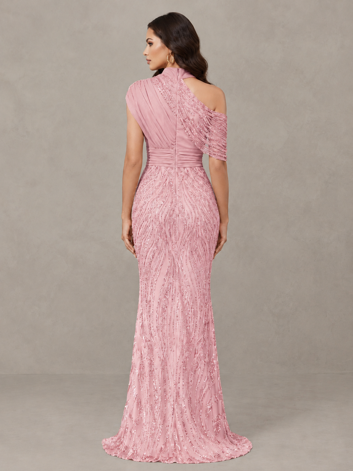 BOLODOO Pink High Neck Draped Sequin Mermaid Evening Gown - Pink - Pink_2