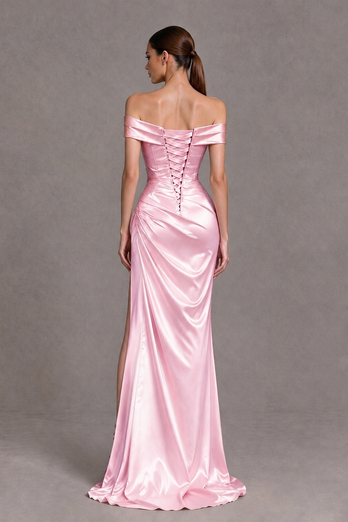 BOLODOO Pink Off-the-Shoulder Ruched Satin Prom & Evening Dress with High Slit - Pink - Pink_2