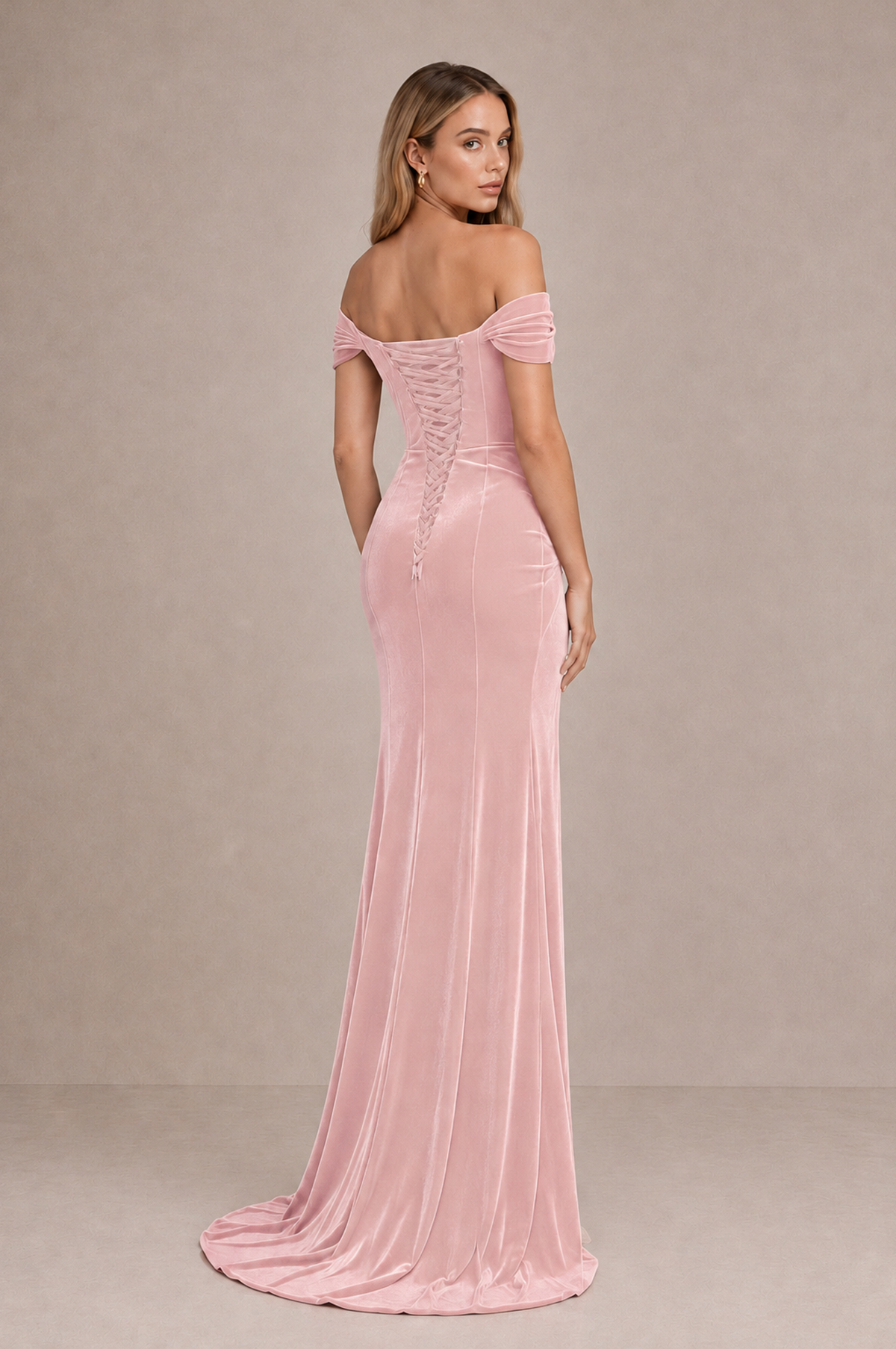 BOLODOO Pink Velvet Off-Shoulder Ruched High Slit Evening Dress - Pink - Pink_2
