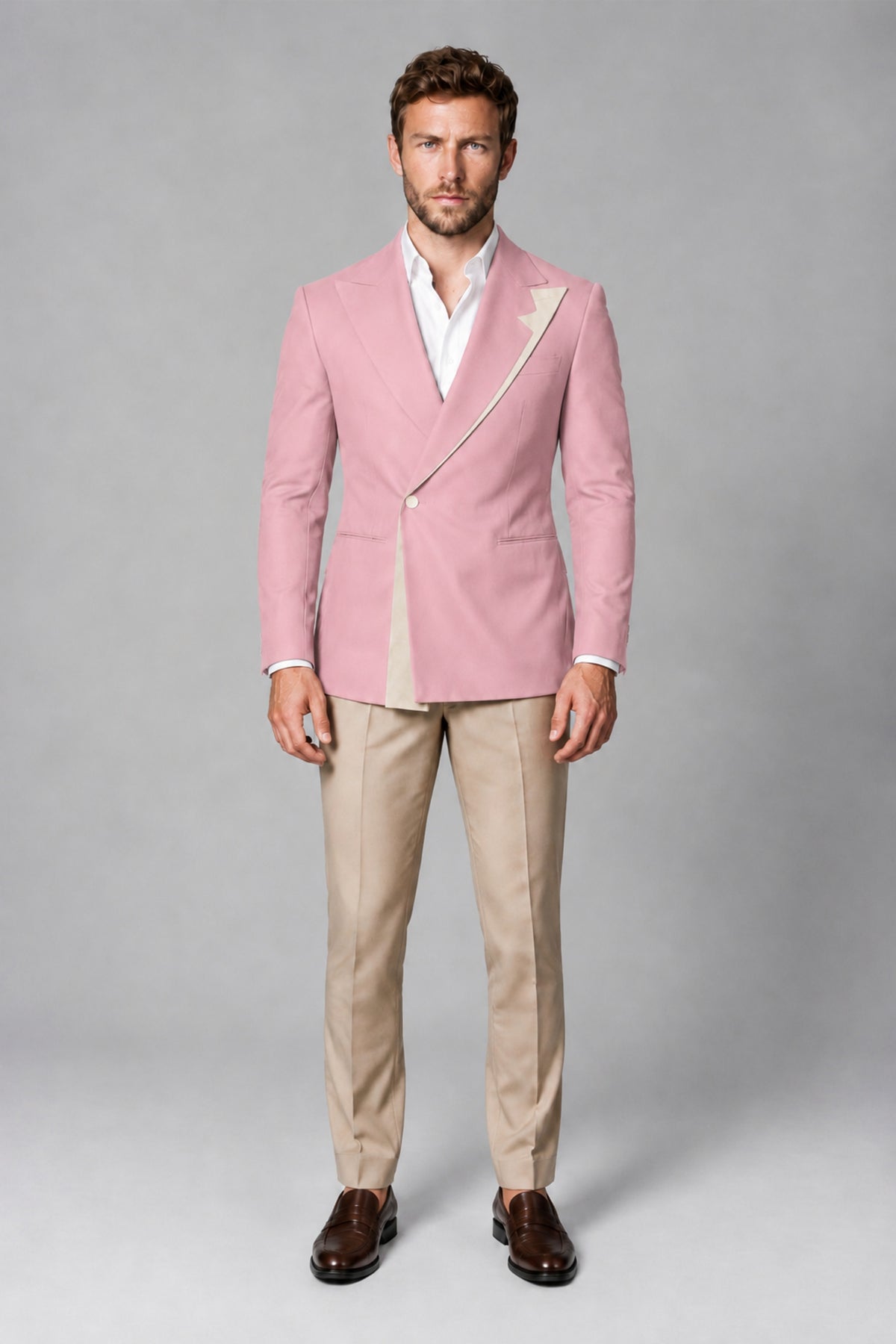 BOLODOO Men's Pink Double-Breasted Blazer & Khaki Trousers Tuxedo 2-Piece Suit Set - Pink - Pink_2