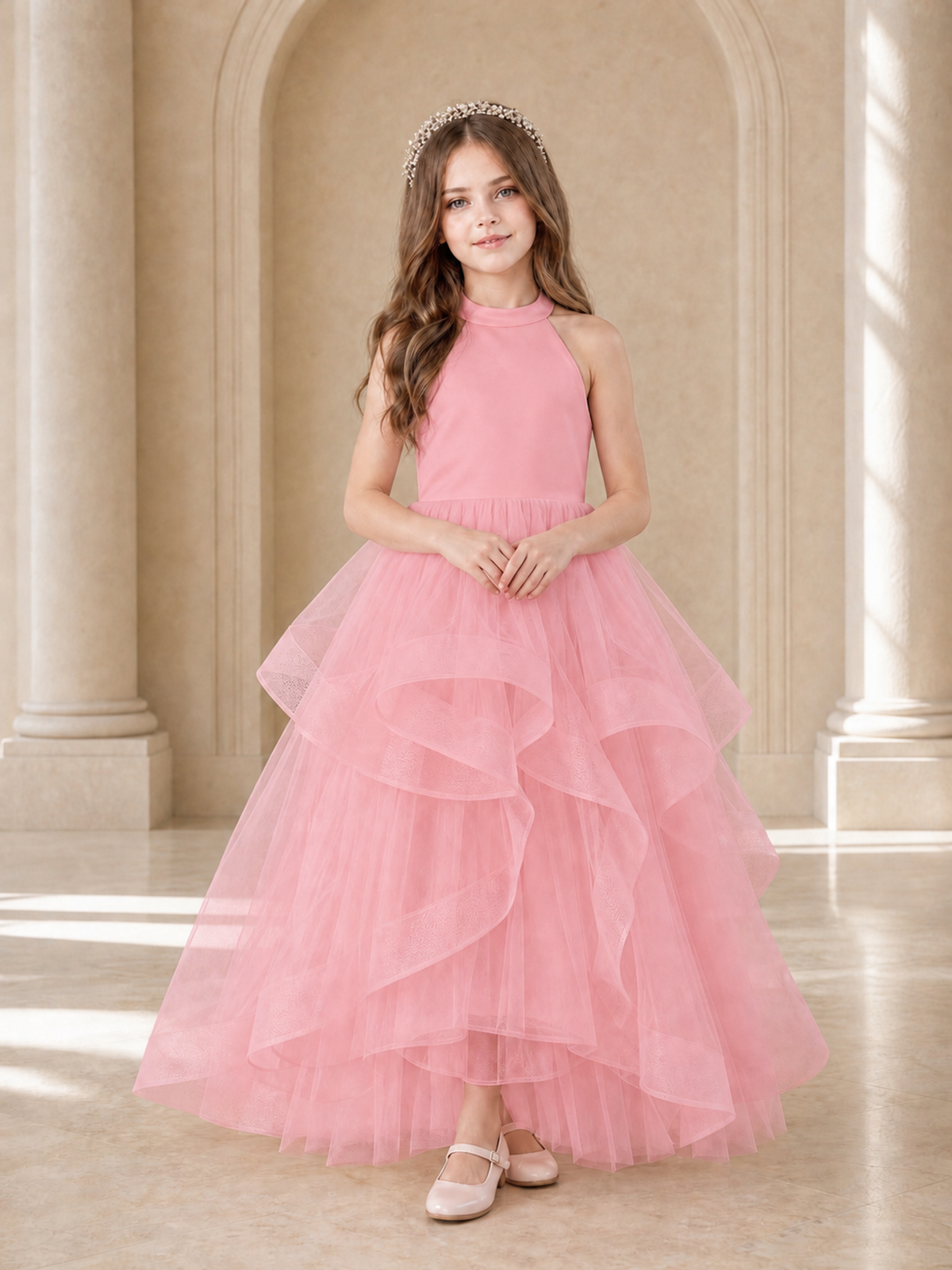 BOLODOO Pink Halter Tiered Tulle Flower Girl Dress with Bow Back - Pink - Pink_2