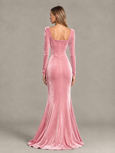 BOLODOO Pink Velvet-Look Square Neck Long Sleeve Mermaid Evening Dress - Pink - Pink_2